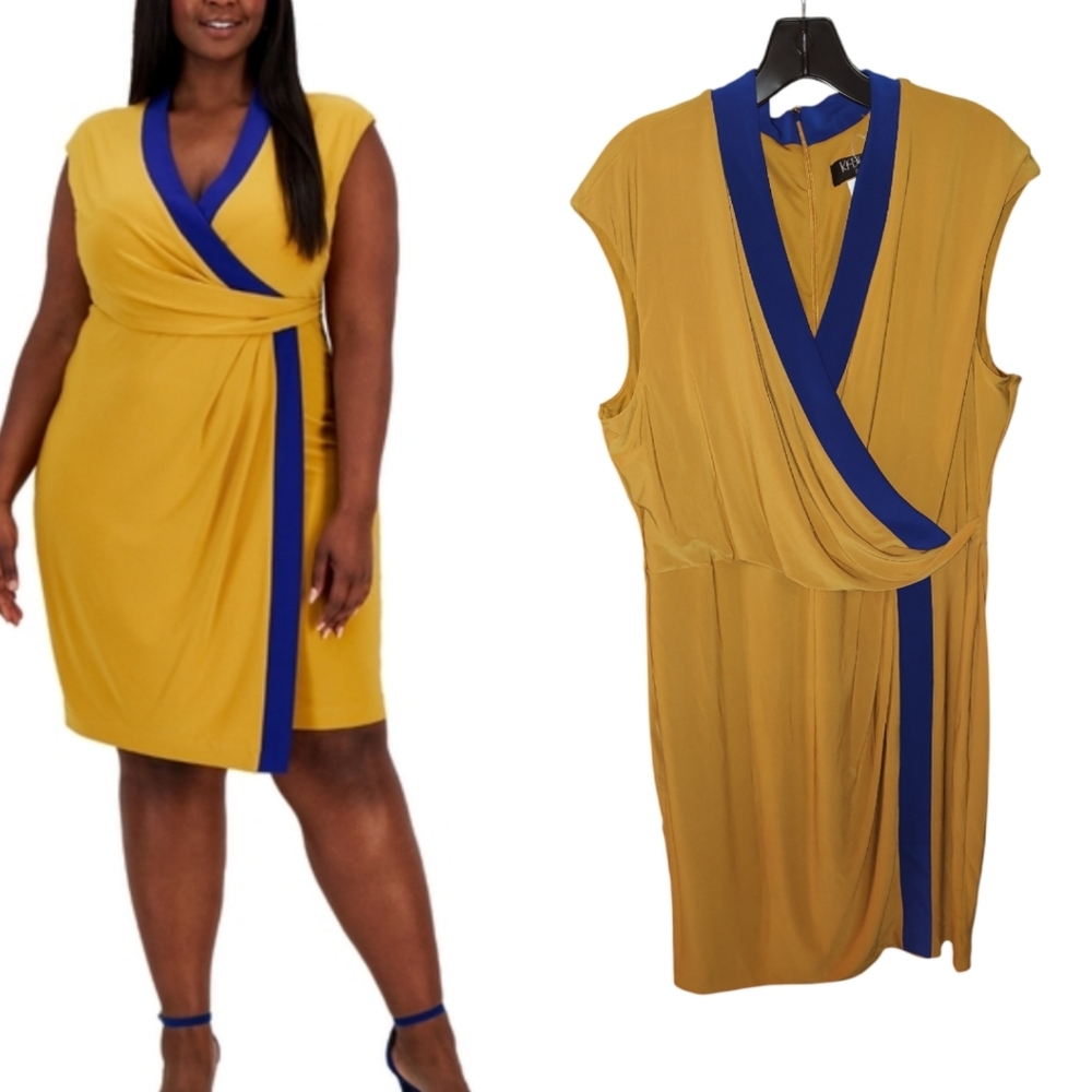 Kasper Plus Size Colorblocked Faux-Wrap Dress.  Royal gold Blue XL New no tag